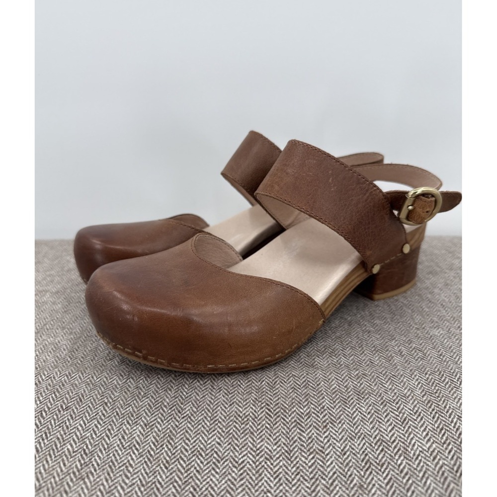 Dansko Womens Brown Thea Slingback Leather Wooden Clogs Size 39/8.5 Comfort Boho